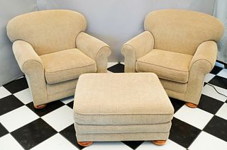 Pair Lee Checkered Upholstered Armchairs w/Hassock