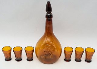 George Washington Amber Glass Decanter & Cups