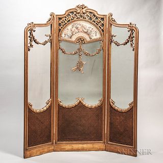 Louis XV-style Carved Giltwood and Mirror Floor Screen, Continental, late 19th century, central panel with curved top with floral garland and latticew