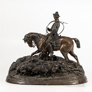 After Pierre-Jules Mêne (French, 1810-1879)

Hunter with Hounds, 20th century, dark brown patinated bronze sculpture, inscribed signature, ht. 24 3/4,