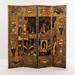 Painted Four-panel Folding Floor Screen