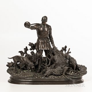 After Paul Edouard Delabrierre (French, 1829-1912)

Bronze Huntsman with Downed Stag and Hounds, 20th century, inscribed signature, ht. 20, approx. lg