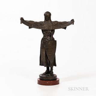 After Emmanuel Fremiet (French, 1824-1910)

Bronze Figure of Credo, modeled as a standing figure of a crusader holding a titled banner, set on a rouge
