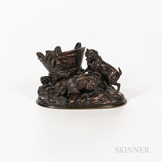 After Jules Moigniez (French, 1835-1894)

Bronze Terrier Group, dark brown patina, modeled by a bucket and a basket, inscribed signature, lg. 5 1/8, h