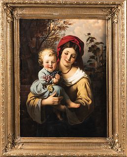 Continental School, 19th Century

Mother and Child with Grapes
Signed indistinctly, possibly "A. van Broock" along the vertical edge l.r.
Oil on canva