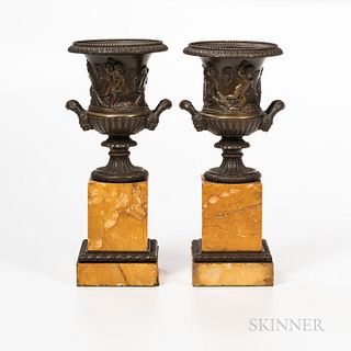 Pair of Classical Bronze Urns on Marble Plinths