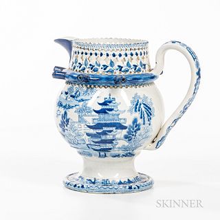 Blue Transfer Two Temples II, Variation Broseley Pattern Puzzle Jug