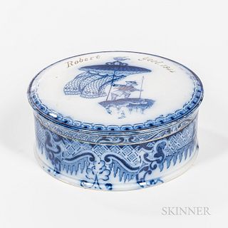 Blue Transfer Parasol and Drapery Pattern Covered Container