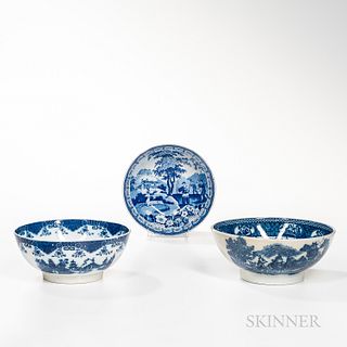 Three Earthenware Blue Transfer Punch Bowls