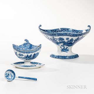 Blue Transfer Sauce Tureen, Ladle, and Comport