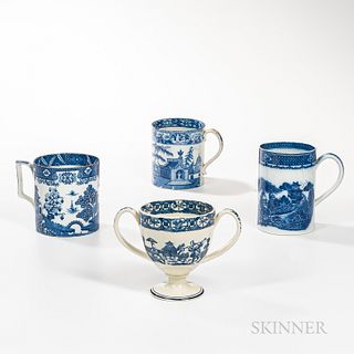 Three Blue Transfer Mugs and a Loving Cup