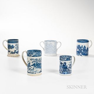 Four Blue Transfer Mugs and a Loving Cup