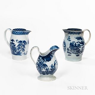 Two Blue Transfer Jugs and an Ewer
