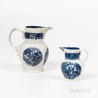 Two Cambrian Pottery Blue Transfer Cabbage-leaf Jugs