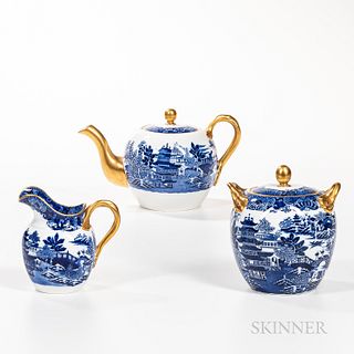 Three-piece Copeland Blue Transfer and Gilt Bone China Tea Set