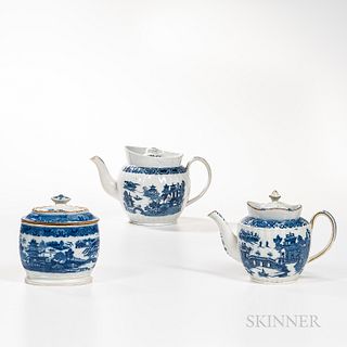 Two Blue Transfer Teapots and a Sugar Caddy