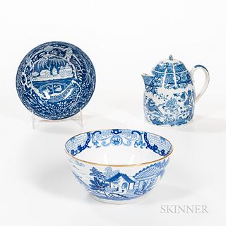 Two Blue Transfer Waste Bowls and a Hot Water Jug