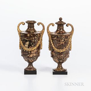 Two Similar Wedgwood & Bentley Agate Vases and Covers, England, c. 1780, gilding to scrolled handles and laurel and berry festoons, mounted atop a squ