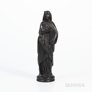 Wedgwood Black Basalt Figure of Faith, England, late 19th century, standing figure modeled atop a titled circular base, ht. 16 1/2 in.