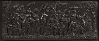 Wedgwood Black Basalt Bacchanalian Procession Plaque, England, 19th century, rectangular shape with high relief classical figures, sight size 8 1/4 x 