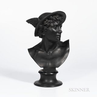 Wedgwood Black Basalt Bust of Mercury, England, 19th and early 20th century, mounted atop a waisted circular socle, impressed title, bust marked "Wedg