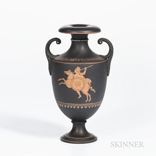 Wedgwood Encaustic Decorated Black Basalt Vase, England, 19th century, scrolled handles, iron red, black, and white decorated with a warrior on horseb