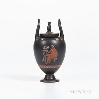 Wedgwood Encaustic Decorated Black Basalt Vase and Cover, England, 19th century, urn finial and upturned loop handles, iron red, black, and white figu