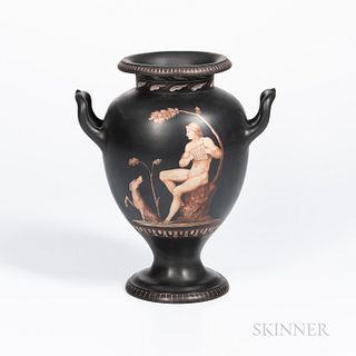 Encaustic Decorated Black Basalt Vase, England, 19th century, upturned loop handles to a bulbous shape, decorated with iron red and white figures, ht.