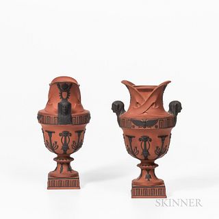 Pair of Wedgwood Rosso Antico Egyptian Vases, England, early 19th century, each with applied black basalt relief, sphinx head handles and various moti