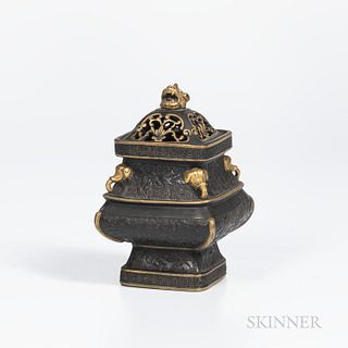 Wedgwood Chinese-style Gilt Black Basalt Incense Burner and Cover, England, 1871, pierced cover with foo lion mask finial, bulging square shape with e