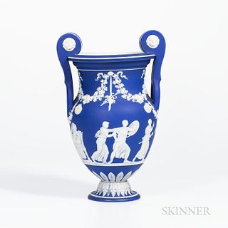 Wedgwood Dark Blue Jasper Dip Volute Krater Urn, England, early 19th century, applied white relief with masked handles, classical figures below fruiti