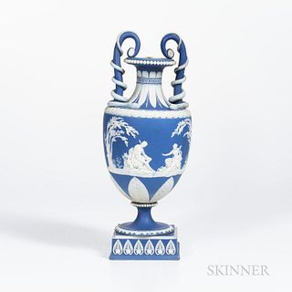 Dark Blue Jasper Dip Snake-handled Vase, England, late 18th/early 19th century, probably Wedgwood, scrolled handles with applied white coiled snakes a