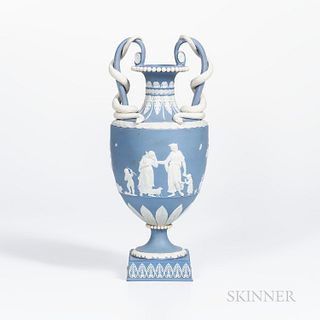 Wedgwood Light Blue Jasper Snake-handle Vase, England, late 18th/early 19th century, scrolled handles with applied white coiled snakes and classical f