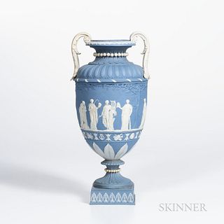 Wedgwood Solid Blue Jasper Two-handled Vase and a Cover, England, late 18th century, scrolled foliate handles, applied white relief depiction of Apoll