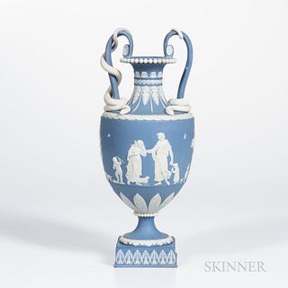Wedgwood Solid Blue Snake-handled Vase, England, late 18th century, applied white classical figures in relief bordered with foliage, impressed mark, h