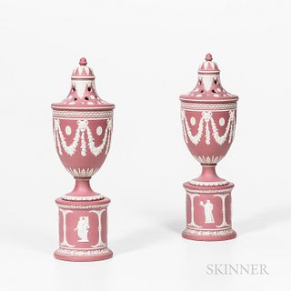 Pair of Pink Jasper Dip Potpourri Vases on Drum Bases, England, 19th century, probably Dudson, the vases with acorn finials to pierced covers and appl