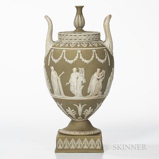 Wedgwood Green Jasper Dip Urn and Cover, England, late 19th century, ovoid shape with applied white classical Muses centering foliate borders and with