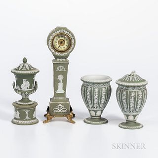 Four Wedgwood Green Jasper Dip Items, England, 19th century, each with applied white relief, two vases with one cover, vertical bands of arabesque flo