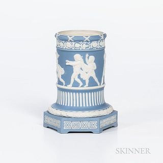 Wedgwood Pale Blue Jasper Dip Vase, England, late 18th century, cylindrical shape with applied white depiction of Blind Man's Bluff below an arabesque