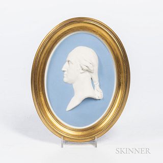Wedgwood Solid Light Blue Jasper Portrait Plaque of Washington, England, c. 1927, possibly by Bert Bentley, white relief depiction and raised self-fra