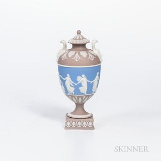 Wedgwood Tricolor Jasper Dip Vase and Cover, England, 19th century, applied white Dancing Hours in relief and with Bacchus head handles, central light