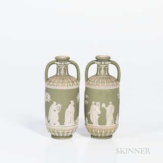 Pair of Wedgwood Tricolor Diceware Jasper Dip Bottles, England, 19th century, applied white relief to a green ground with yellow quatrefoils, impresse