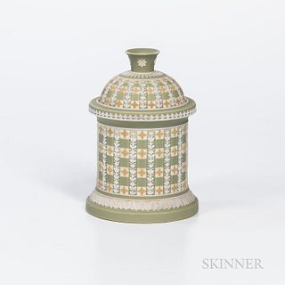 Wedgwood Tricolor Diceware Jasper Dip Tobacco Jar and Cover, England, 19th century, cylindrical shape with applied white relief to a green ground with