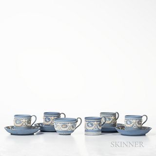 Ten Wedgwood Tricolor Jasper Tea Wares, England, 19th century, each solid light blue, three coffee cans, teacup and two saucers with lilac medallions 