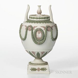 Wedgwood Tricolor Jasper Vase and Cover, England, early 20th century, solid white with applied lilac, green and white in relief with classical medalli
