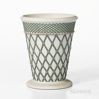 Wedgwood Tricolor Jasper Lattice Design Vase, England, 19th century, solid white with applied lilac and green relief, impressed mark, ht. 6 1/4 in.