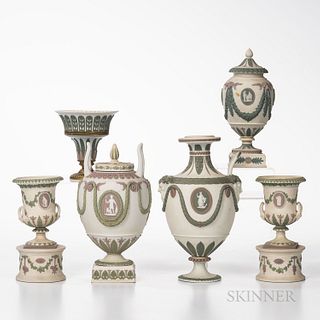 Six Wedgwood Tricolor Jasper Items, England, late 19th/early 20th century, each solid white with lilac, green, and white applied relief, a gilt-bronze