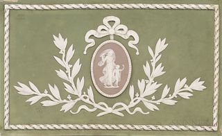 Wedgwood Tricolor Jasper Plaque, England, 19th century, green ground with oval lilac medallion and applied white classical figures, ribbons and foliag