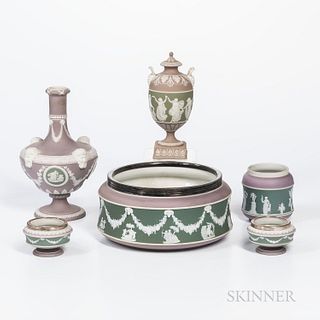 Six Wedgwood Tricolor Jasper Dip Items, England, late 19th century, each with applied white classical designs, five with a green ground bordered with 