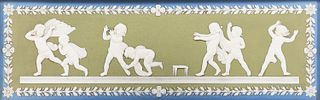 Wedgwood Tricolor Jasper Dip Blind Man's Bluff Plaque, England, 19th century, rectangular shape with applied white figures to a green ground bordered 